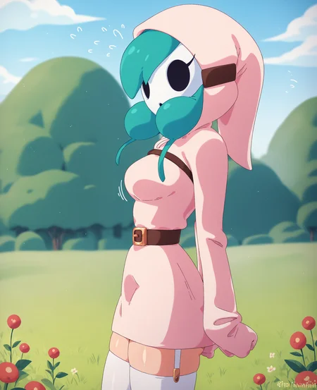 score_9, score_8_up, score_7_up, score_6_up, score_5_up, score_4_up, source_furry, qppp, shyguy, mario \(series\), breasts, clothed, clothing, female, hood, legwear, light body, light skin, mask, not furry, solo, stockings, detailed background, outside, field, eyelashes, looking at viewer, simple face, motion lines, emanata, side view, petite, slim, small waist, pink clothing
<lora:shyguy_pdxl:1>
