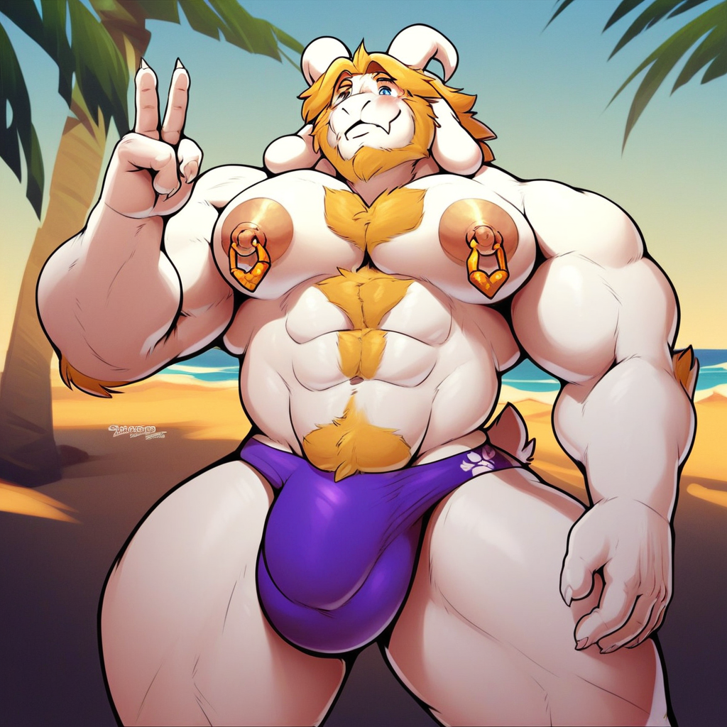 furry, Asgore Dreemurr, goat boy, older, mature, cartoon style, 2d, male, thick thighs, blue eyes, wide hips, voluptuous, blushing, smiling softly, sexy, peace sign with left hand, standing, purple speedo, large bulge, topless, muscular male, abs, large pectorals, big nipples, gold nipple ring piercings, beach, solo, score_9, score_8_up, score_7_up, score_6_up, score_5_up, score_4_up,
