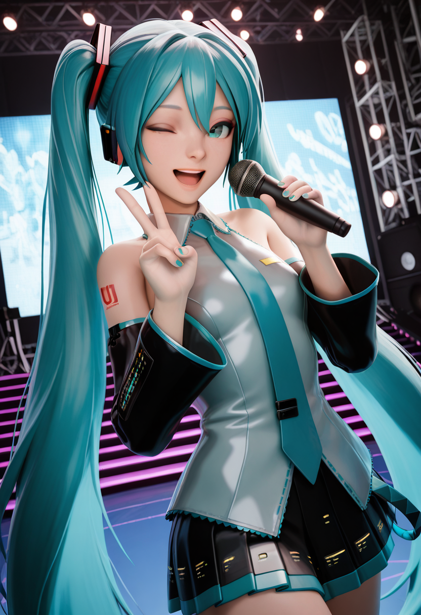 masterpiece, best quality, intricate details, detailed background, beautiful detailed, beautiful face, detailed eyes, detailed face, new, newest, ub3rstyl3, 1girl, solo, hatsune miku, cowboy shot, looking at viewer, dutch angle, dynamic pose, stage, holding microphone, happy, open mouth, singing, v, gesture, one eye closed, smile, screen, detached sleeves,