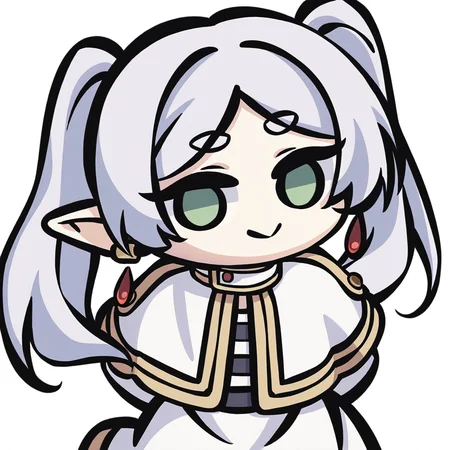 chibi,1girl,frieren,green eyes,grey hair,twintails,pointy ears,eyebrows,white capelet,long sleeves,earrings,striped shirt,arms behind back,smile,upper body,looking at viewer,solo,simple background,white background,<lora:Kei_Style_noob-4:1>,