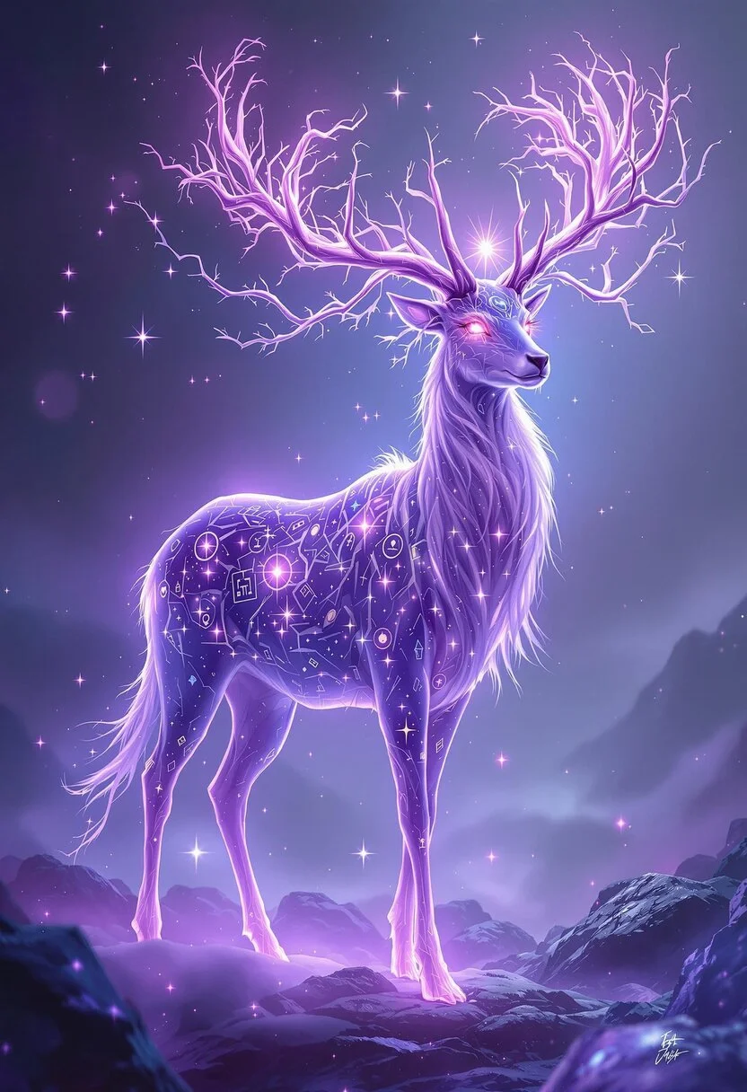 An epic mist-infused celestial stag stands regally in an ethereal, mystical landscape, its elegant form shimmering with swirling, otherworldly energy that flows and shifts in hues of vibrant purple and glowing lavender. Its sleek coat appears as if woven from liquid starlight, softly glowing and interspersed with delicate trails of sparkling mist. Its massive, branching antlers are adorned with glowing runes and shimmering motes of amethyst light, leaving faint traces of swirling mist in their wake as they rise like a crown of power. The stag’s luminous eyes blaze with a serene brilliance, as though imbued with the wisdom of the cosmos, and its hooves leave faint impressions of glowing, misty light on the ground, which dissipate into shimmering tendrils. The surrounding environment pulses with the stag’s ethereal aura, with floating, glowing crystals and swirling, violet-hued mists illuminated by soft starlight. This mythical creature exudes an aura of tranquility, elegance, and a transcendent energy, as though it were a guardian of the boundary between the material and the celestial realms