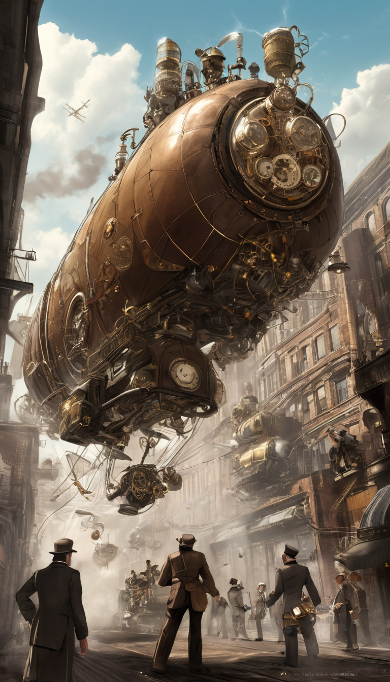 Imagine a world where technology has advanced to the point where it is fused with steam-powered machinery. The people of this world have become known as "steampunks," and they live in a world where the boundaries between the natural and the artificial are blurred. In this world, there are airships that soar through the skies, clockwork automatons that perform tasks with incredible precision, and even robots that can think and feel like humans. But despite their advanced technology, these steampunks still face challenges such as pollution, inequality, and corruption. They must navigate a world where progress often comes at a cost to humanity's natural heritage. Cinematic scene, hero view, action pose, detailed background, masterpiece, best quality, high quality, highres, absurdres, steampunk <lora:steampunk_xl_v1:1>