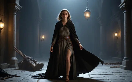(clothed, masterpiece, wide angle, cinematic establishing shot, young adult european woman, highly detailed background:1.2), volumetric lighting, subsurface scattering, dynamic pose, (special effects, color grading, fantasy aura), (Shadow Weaver:1.4), (Small Perky breasts:0.81), Moonless night, stealthy movements, shadowy cloak, hidden daggers