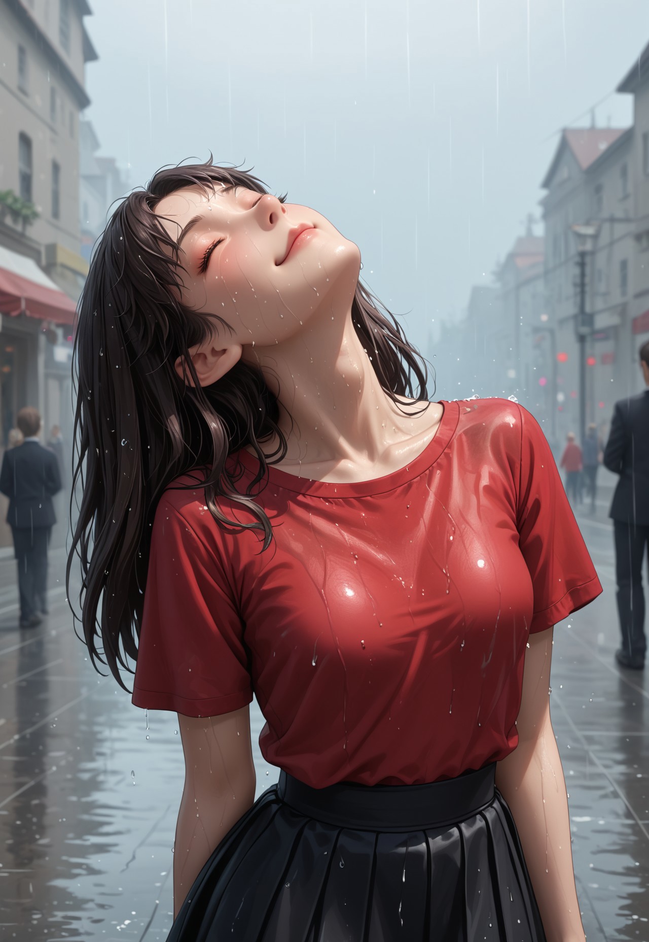Masterpiece,best quality,highresolution,very aesthetic,((anime style)),detailed eyes,

1 female,Jedrnto, brown hair,black hair ribbons, red shirt, black skirt, black stockings,((arms at sides)),

plan view,focus face,((head back)),looking upwards at the sky,
standing,(((eyes closed))),wet face,wet clothes,heavy rain,smile,closed mouth,at peace,