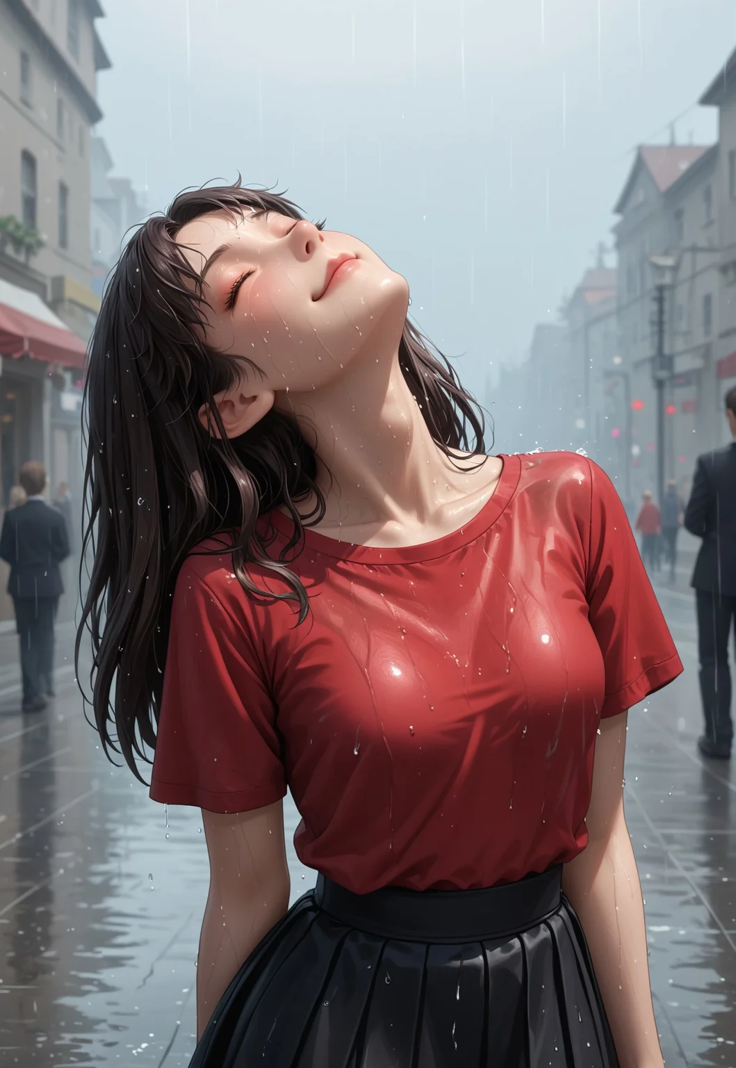 Masterpiece,best quality,highresolution,very aesthetic,((anime style)),detailed eyes,

1 female,Jedrnto, brown hair,black hair ribbons, red shirt, black skirt, black stockings,((arms at sides)),

plan view,focus face,((head back)),looking upwards at the sky,
standing,(((eyes closed))),wet face,wet clothes,heavy rain,smile,closed mouth,at peace,