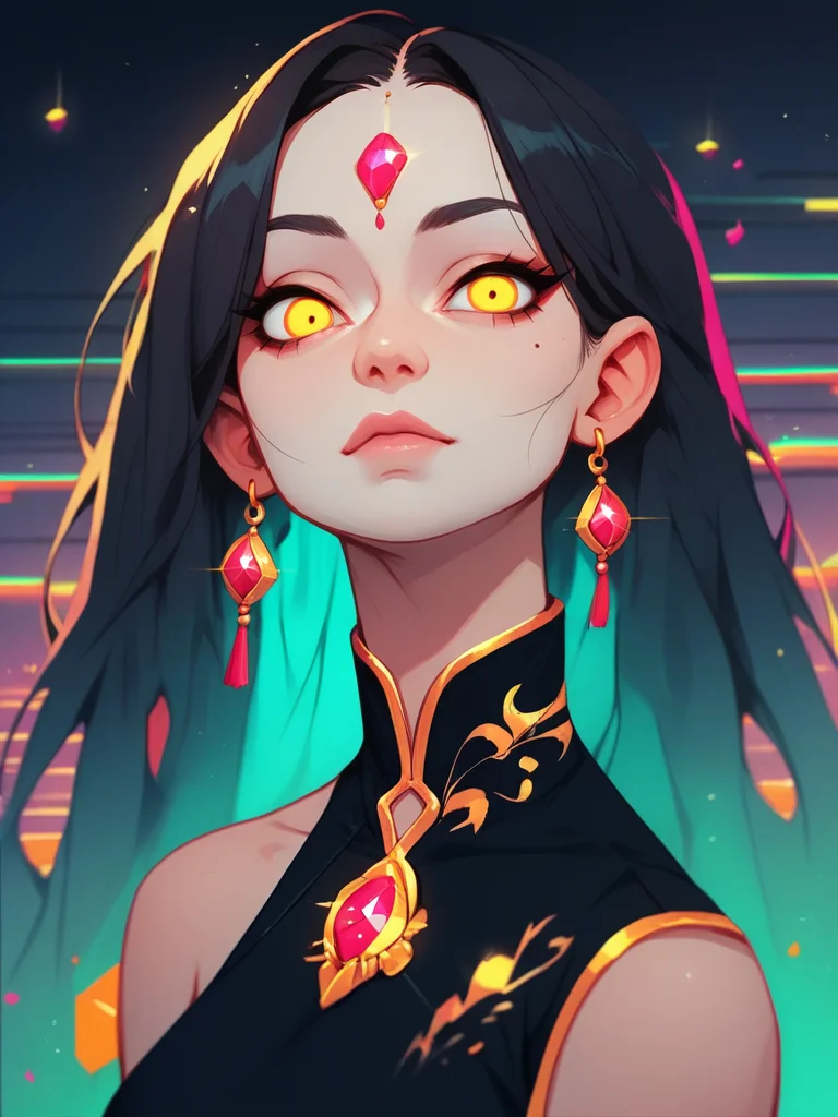 1girl, vibrant color, black hair, golden eyes, black dress, long hair, jewels, chinese dress,
<lora:Vaporwave:1> vaporwave,, score_9, score_8_up, score_7_up, score_6_up, score_5_up, score_4_up, BREAK