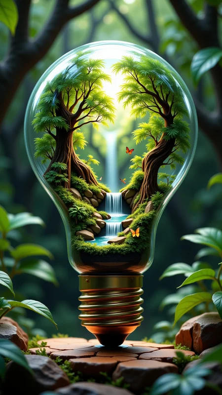 Jeddtlv3, A clear lightbulb containing a lush rainforest scene, with thick vines, miniature trees, and a cascading waterfall. Small creatures like frogs and butterflies inhabit the scene, illuminated by a soft glow that enhances the green foliage within the glass, <lora:Flux_Detailer_v3-000007:1> ,