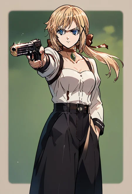score_9, score_8_up, score_7_up, source_anime, 1girl, TURKISH KILLER POSE, LOOKING AT GUN, HOLDING HANDGUN, HAND IN POCKET, AIMINGYUNA YUNIS,