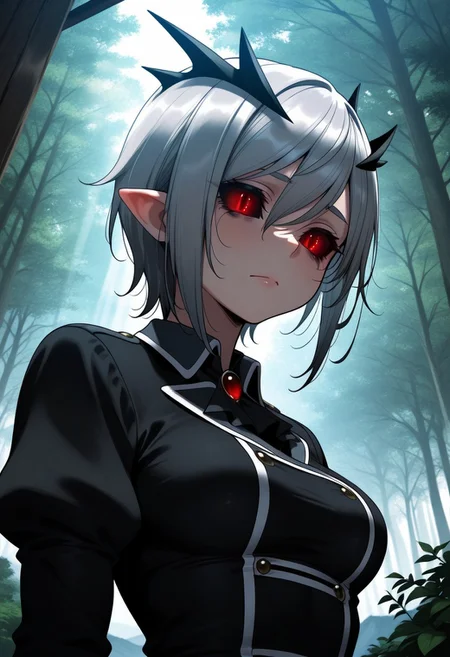 HDR, 8K, high contrast, masterpiece, best quality, amazing quality, very aesthetically pleasing, superabsurd res, high resolution, ultra-detailed, absurdres, latest, landscape, light rays, chiaroscuro, dynamic angle, Dutch angle, close-up, Sallos, 1girl, middle breast, gray hair, short haircut, red eyes, narrow pupils, black sclera, cracks under the eyes, horns in the form of a crown, pointed ears, BREAK, beautiful detailed eyes, detailed skin, detailed hair, volumetric lighting,