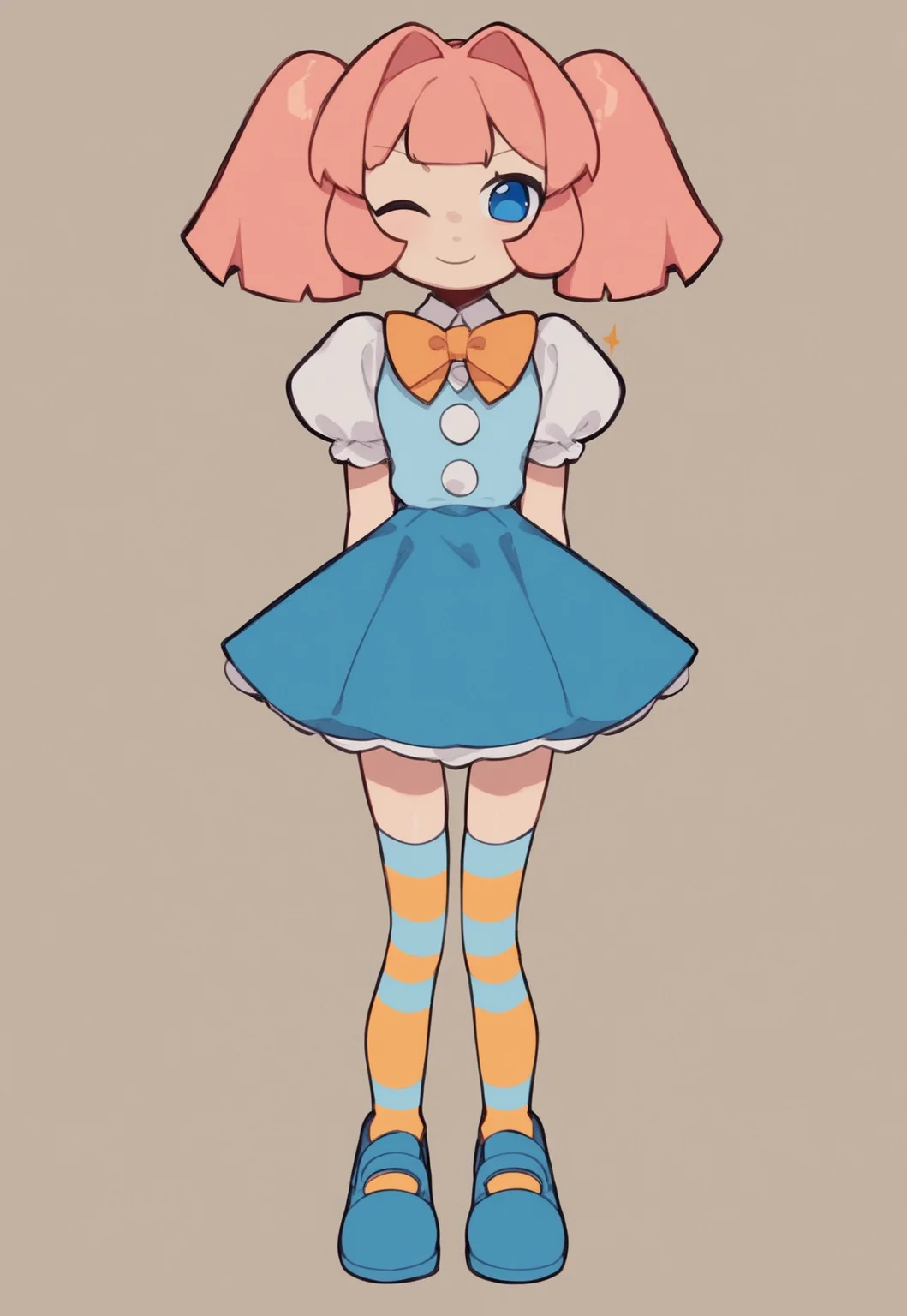 STAT, pink hair, pigtails, bangs, blue eyes, Orange bowtie, blue shirt, white puffy sleeves, blue skirt, thighhighs, zettai ryouiki, striped thighhighs, blue shoes,
,masterpiece,best quality, score_9, score_8_up, score_7_up, score_6_up,source_cartoon, winking, polka dot background, 1girl, thin hips, from front