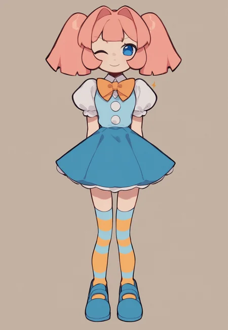 STAT, pink hair, pigtails, bangs, blue eyes, Orange bowtie, blue shirt, white puffy sleeves, blue skirt, thighhighs, zettai ryouiki, striped thighhighs, blue shoes,
,masterpiece,best quality, score_9, score_8_up, score_7_up, score_6_up,source_cartoon, winking, polka dot background, 1girl, thin hips, from front
