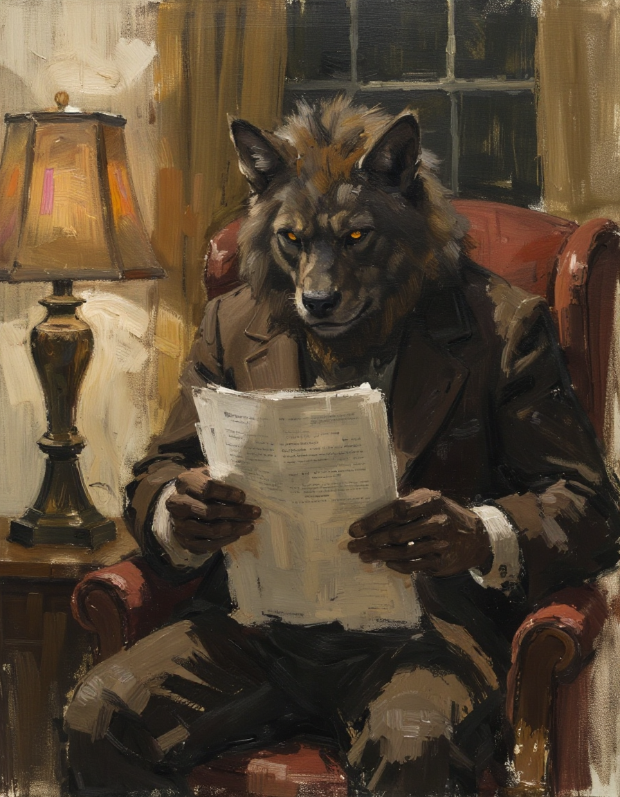 sketch painting of a werewolf reading a script for a television role in his victorian manor's study next to a tall colorful lamp
