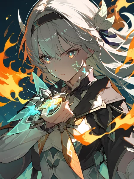 (score_9, score_8_up, score_7_up), 1girl, fireflyhsr, hairband, holding henshin device, henshin, veins, closed mouth, looking serious, glowing, fire, <lora:firefly-strPO-v2a-000008:0.9>