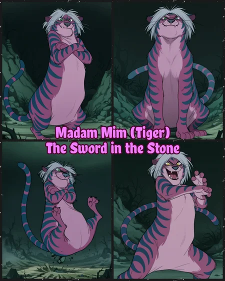 smooth quality, masterpiece, very intricate, high quality details, ultra realistic, high detailed skin, detailed environment, absurdres, solo, simple background, black background, color drain, <lora:Madam Mim [Tiger] [Illustrious]>