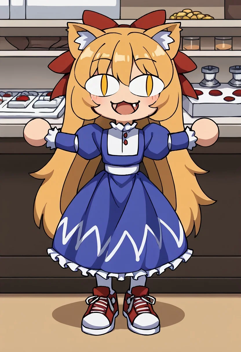 score_9, score_7_up, source_anime, masterpiece, best quality, detailed, perfect, perfection, aesthetic, absurd, detailed,
illustration showing Necoarccon Tipsy
1girl, yellow eyes, blonde hair, long hair, bangs, red hairbow, :3, fang, 
white bodice, buttons, blue dress, white embroidery, frills, puffy sleeves, white pantyhose, red sneakers, 
full body, lit pupils, cat ears, :3, chibi