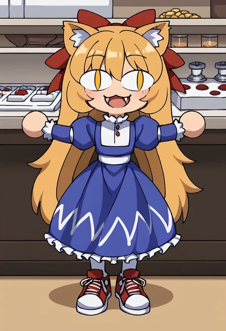 score_9, score_7_up, source_anime, masterpiece, best quality, detailed, perfect, perfection, aesthetic, absurd, detailed,
illustration showing Necoarccon Tipsy
1girl, yellow eyes, blonde hair, long hair, bangs, red hairbow, :3, fang,
white bodice, buttons, blue dress, white embroidery, frills, puffy sleeves, white pantyhose, red sneakers,
full body, lit pupils, cat ears, :3, chibi