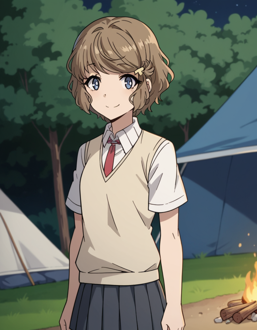 score_9, score_8_up, score_7_up, source_anime, <lora:tomoe-koga-s1-ponyxl-lora-nochekaiser:1>, tomoe koga, short hair, brown hair, blue eyes, hair clip,, skirt, shirt, school uniform, white shirt, short sleeves, pleated skirt, necktie, collared shirt, red necktie, sweater vest,, camping, bonfire, tent, stargazing, marshmallows, forest clearing, night, smile, looking at viewer, solo,, cowboy shot, dutch angle