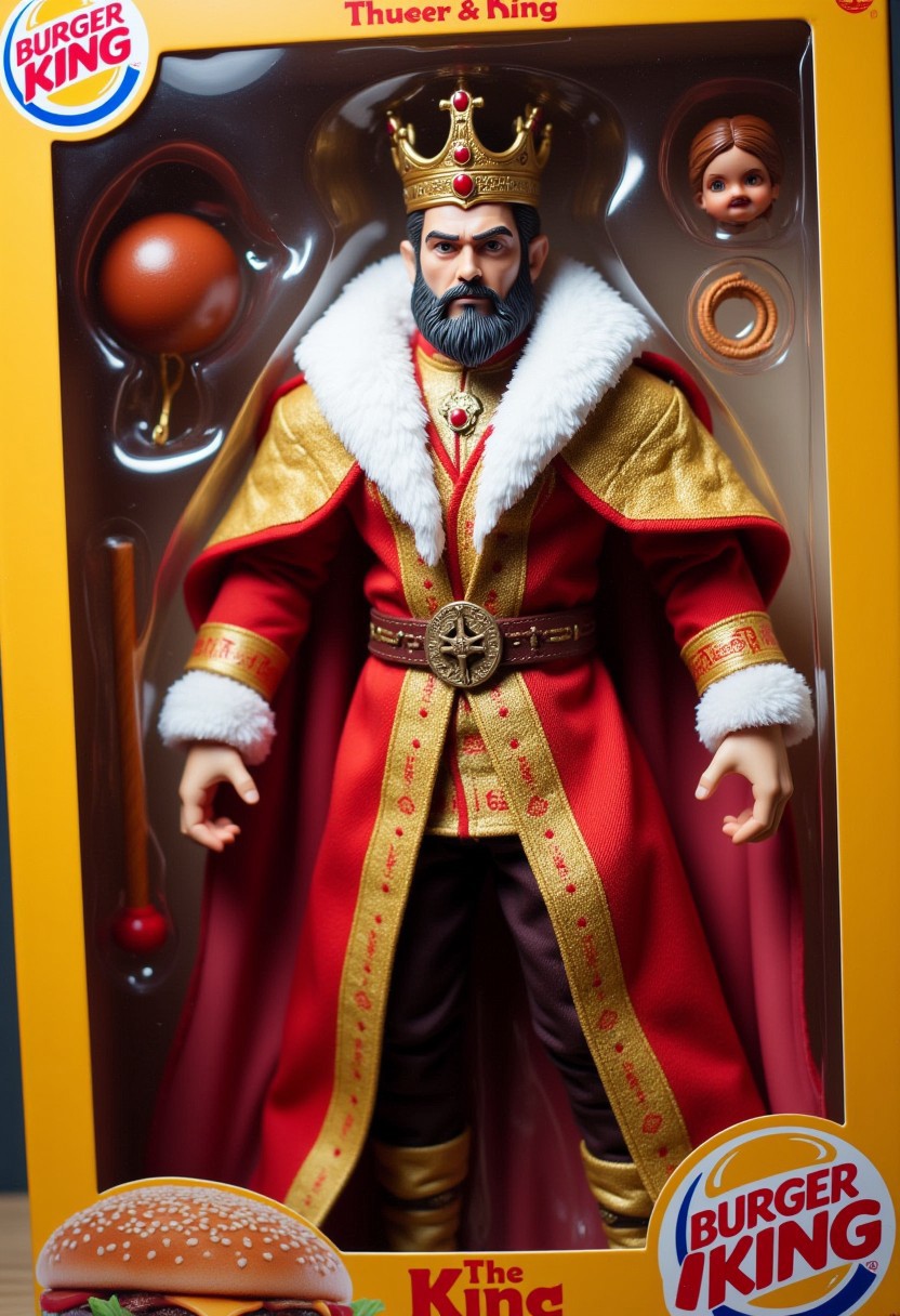 This photograph captures a detailed, colorful scene of a Burger King action figure displayed in its packaging. The figure is a realistic, highly detailed representation of Burger King's iconic mascot, the King, dressed in his traditional attire. He wears a royal red and gold robe adorned with intricate patterns, a white fur-trimmed cape, and a golden crown. His beard and hair are styled in a regal manner, with a stern expression. The package is labeled: "The King". The figure's hands are posed in a neutral stance. Accessories include rope and a ball gag.