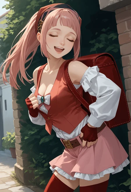 score_9, score_8_up, score_7_up, source_anime BREAK 1girl, solo, <lora:felicia-fe-richy-v2_pdxl:1> flcpcnc, pink hair, long hair, ponytail, blunt bangs, bandana, breasts, white bow, red vest, detached sleeves, long sleeves, white sleeves, bare shoulders, fingerless gloves, red gloves, belt, pink skirt, red thighhighs, backpack, from side, standing, leaning forward, cleavage, looking at viewer, smile, open mouth, closed eyes,