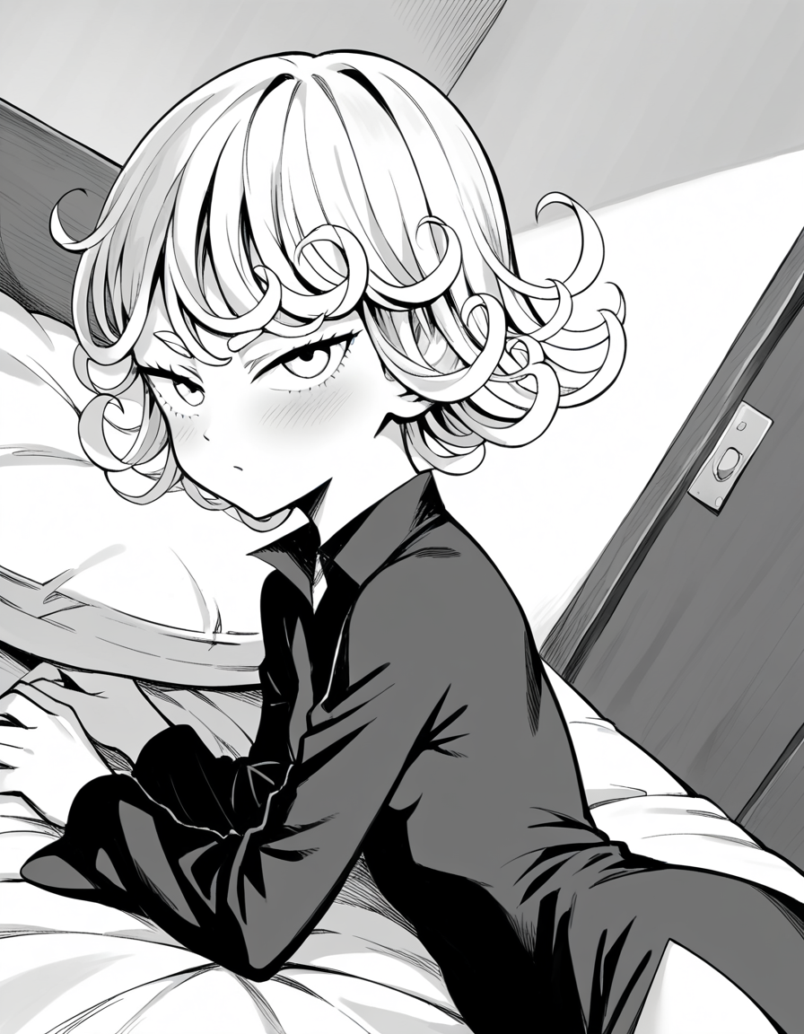 score_9, score_8_up, score_7_up, source_anime,
tatsumaki, <lora:opm-tatsumaki-manga-ponyxl-lora-nochekaiser:1>,
tatsumaki, short hair, curly hair, monochrome, greyscale,
long sleeves, dress,
indoors, bed, bed room, on side, blush, drunk,
looking at viewer, cowboy shot, solo, dutch angle,