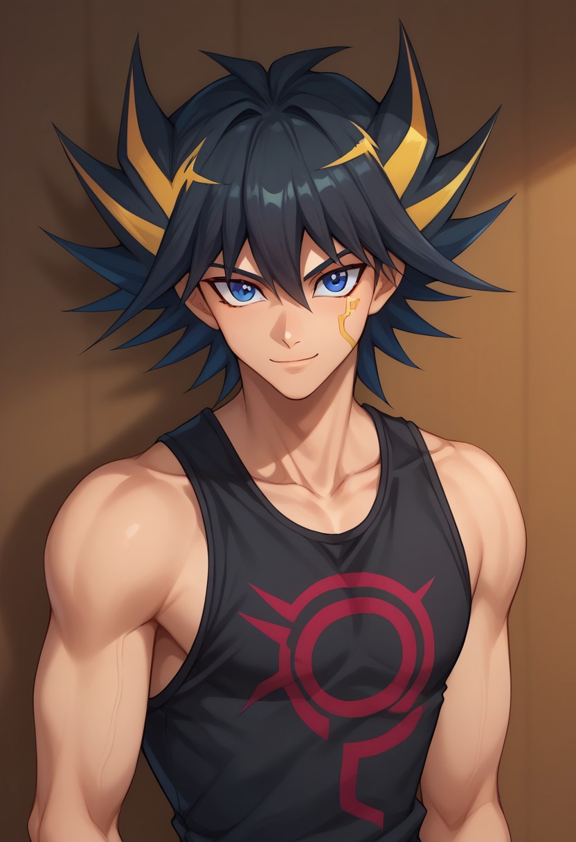 score_9, score_8_up, score_7_up, source_anime, highly detailed, 
yusei, 1boy, male focus, solo, blue eyes, multicolored hair, spiked hair, black hair,
blonde hair, smile, upper body, shirt, streaked hair, sleeveless, facial mark, closed mouth, sleeveless shirt, looking at viewer, tank top, hair between eyes, black shirt, print shirt,