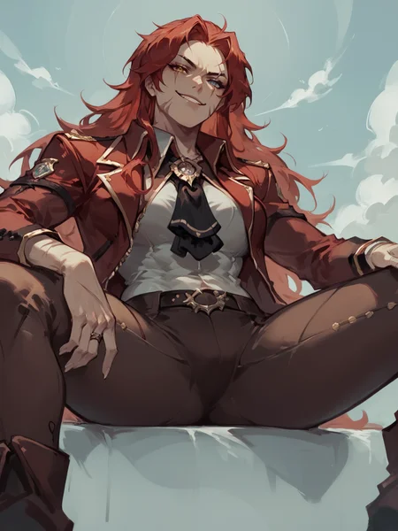 score_9, score_8_up, score_7_up, Gebura, 1woman, solo, red long hair, scars on face, heterochromia, red closed blazer, black necktie, brown pants, smirk, view from below, sitting, spread legs, arrogance, Concept Art <lora:Gebura:1> <lora:Concept Art Twilight Style SDXL_LoRA_Pony Diffusion V6 XL:1>