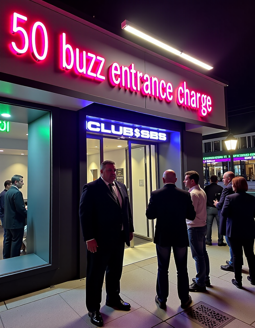 A thick, intimidating male bouncer standing outside a modern, upscale club at night. The bouncer is wearing a dark suit and has a stern expression on his face. A bright neon sign above the entrance clearly states "50 buzz entrance charge". The scene is illuminated by vibrant neon lights and streetlights, casting a colorful glow on the surroundings. People are waiting in line to get in, and the street is bustling with activity. The club entrance is sleek and modern, with a glass door and chrome accents.  <lora:UltraRealPhoto:1>
