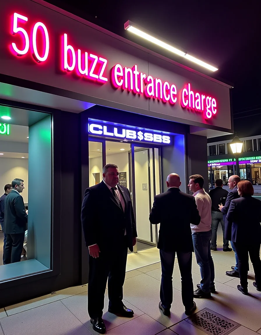 A thick, intimidating male bouncer standing outside a modern, upscale club at night. The bouncer is wearing a dark suit and has a stern expression on his face. A bright neon sign above the entrance clearly states "50 buzz entrance charge". The scene is illuminated by vibrant neon lights and streetlights, casting a colorful glow on the surroundings. People are waiting in line to get in, and the street is bustling with activity. The club entrance is sleek and modern, with a glass door and chrome accents. <lora:UltraRealPhoto:1>