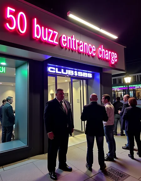 A thick, intimidating male bouncer standing outside a modern, upscale club at night. The bouncer is wearing a dark suit and has a stern expression on his face. A bright neon sign above the entrance clearly states "50 buzz entrance charge". The scene is illuminated by vibrant neon lights and streetlights, casting a colorful glow on the surroundings. People are waiting in line to get in, and the street is bustling with activity. The club entrance is sleek and modern, with a glass door and chrome accents. <lora:UltraRealPhoto:1>