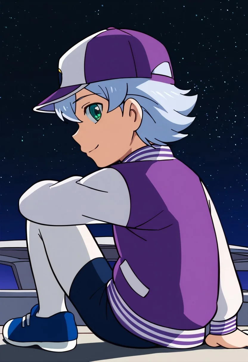 score_9,score_8_up,score_7_up,source_anime,1boy,solo,Luca,Blue hair,aqua eyes,purple jacket,letterman jacket,open jacket,blue shirt,baseball cap,
Blue shorts, smile,standing, star, night, sky, looking_at_viewer,space, sitting, Blue shoes,white pantyhose from side, close-up<lora:EMS-438113-EMS:1.000000>