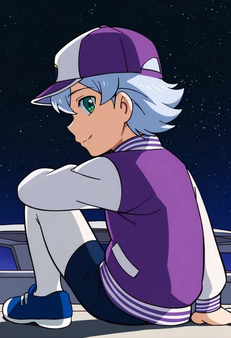 score_9,score_8_up,score_7_up,source_anime,1boy,solo,Luca,Blue hair,aqua eyes,purple jacket,letterman jacket,open jacket,blue shirt,baseball cap,
Blue shorts, smile,standing, star, night, sky, looking_at_viewer,space, sitting, Blue shoes,white pantyhose from side, close-up<lora:EMS-438113-EMS:1.000000>