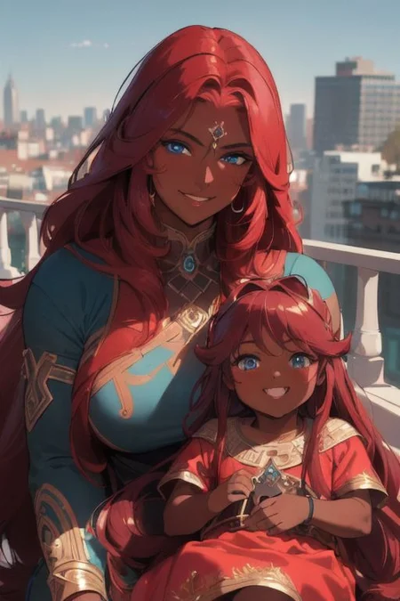 (masterpiece, best quality:1.4), (ultra realistic:1.4), (8k uhd, very high quality:1.4), (extremely detailed face:1.4), (dark skin and muscular mother holding her dark skin female child:1.4), (dark caramel skin:1.4), (absurdly long ruby red hair:1.4), (smiling and happy:1.4), (bright blue eyes:1.4), (city background:1.4)