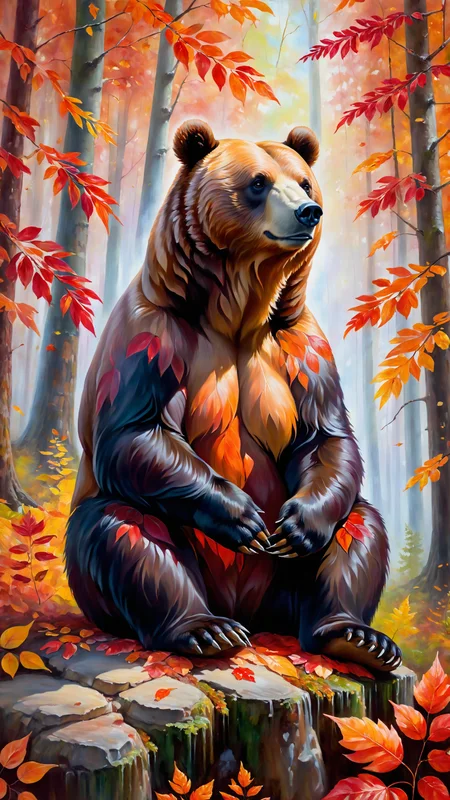 Oil painting, serene bear sitting in an autumn forest, intricate details, vibrant colors, ethereal lighting, glowing red and orange leaves, soft natural lighting, ethereal glow, detailed background, peaceful atmosphere, realistic shadows, fine details in fur and foliage, ultra-quality, magical elements, calm expression, autumn setting, falling leaves, whimsical composition, tranquil ambiance, delicate brushstrokes