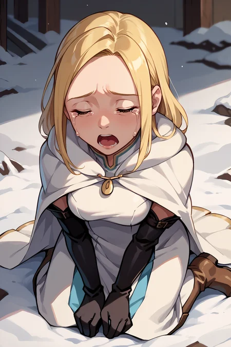 score_9, score_8_up, score_7_up, score_6_up, source_anime BREAK 1girl, solo <lora:ophilia-pdxl-nvwls-v1-000005:1> ophilia, blonde hair, long hair, brown eyes, white cape, white dress, long dress, black elbow gloves, boots, kneeling, from above, snow, closed eyes, crying, sad, defeated, sobbing, open mouth