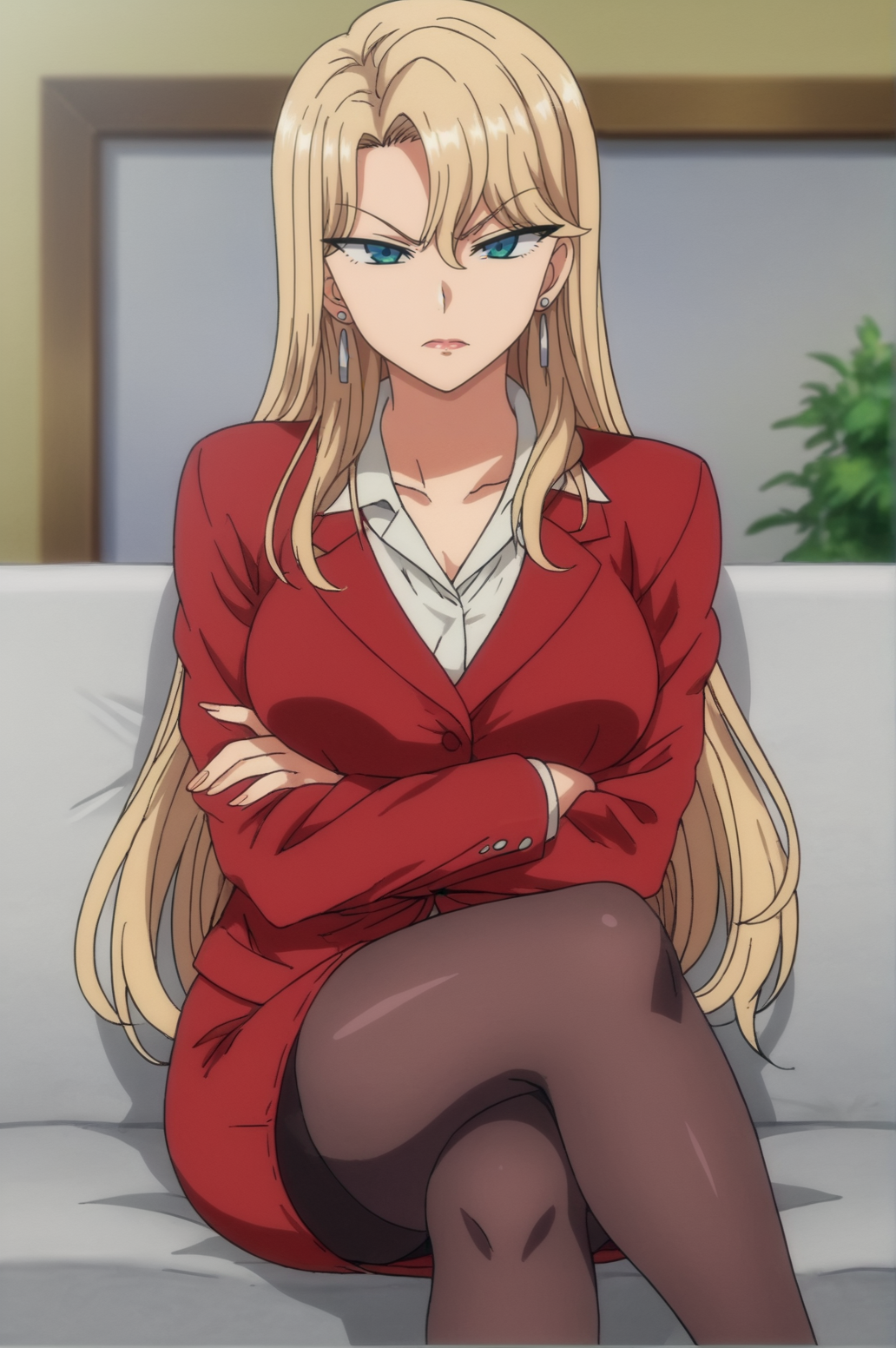 score_9, score_8_up, score_7_up,anime_source, source_anime, best background, detailed background, anime screencap,  Reika, 1girl, black pantyhose, breasts, crossed arms, crossed legs, earrings, jewelry, pantyhose, sitting, skirt suit, solo  indoors,  <lora:JN_Kurashiki_Reika:0.8>