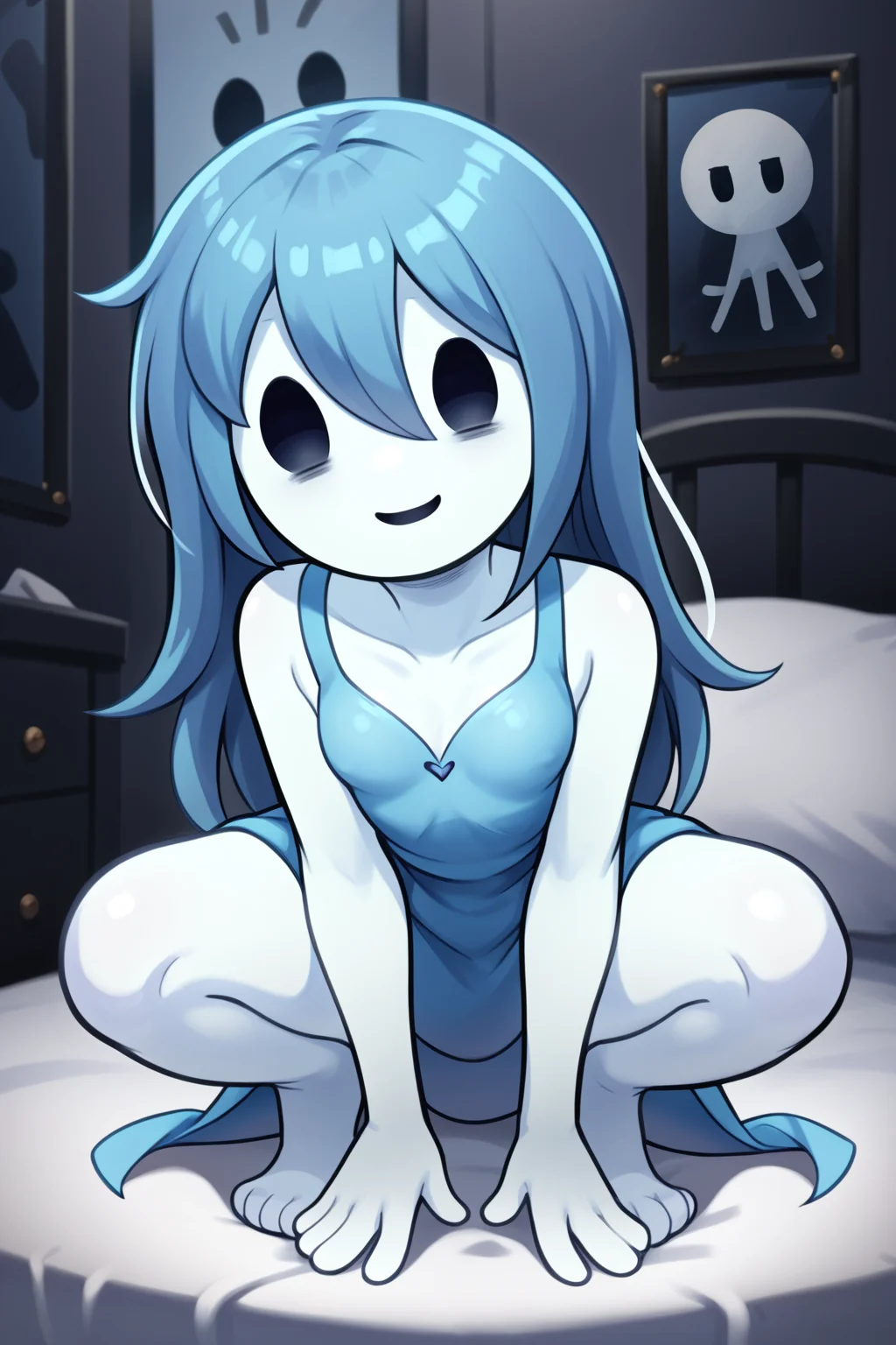 score_9, score_8_up, nsfw, score_7_up, <lora:Spooky:0.9> spooky (sjm), ghost girl, solid oval eyes, smile, transparent, colored skin, long blue hair, small breasts, blue dress, solo, squatting, bedroom, bed, dim,,