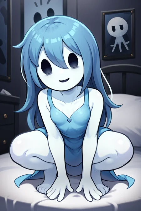 score_9, score_8_up, nsfw, score_7_up, <lora:Spooky:0.9> spooky (sjm), ghost girl, solid oval eyes, smile, transparent, colored skin, long blue hair, small breasts, blue dress, solo, squatting, bedroom, bed, dim,,