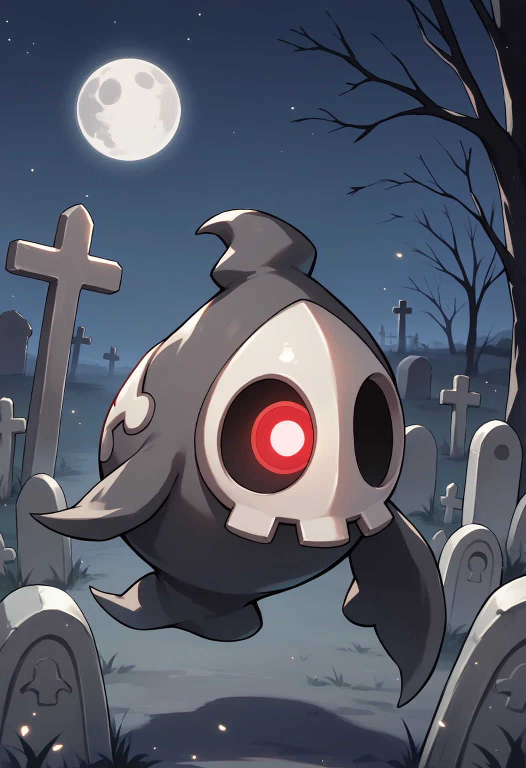 score_9, score_8_up, score_7_up, source_anime, full body, looking at viewer, floating, <lora:DuskullPKMN-pdxl:1> dusku11, pokemon \(creature\), no humans, mask, red eyes, ghost, night, graveyard, full moon