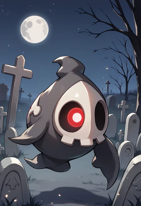 score_9, score_8_up, score_7_up, source_anime, full body, looking at viewer, floating, <lora:DuskullPKMN-pdxl:1> dusku11, pokemon \(creature\), no humans, mask, red eyes, ghost, night, graveyard, full moon
