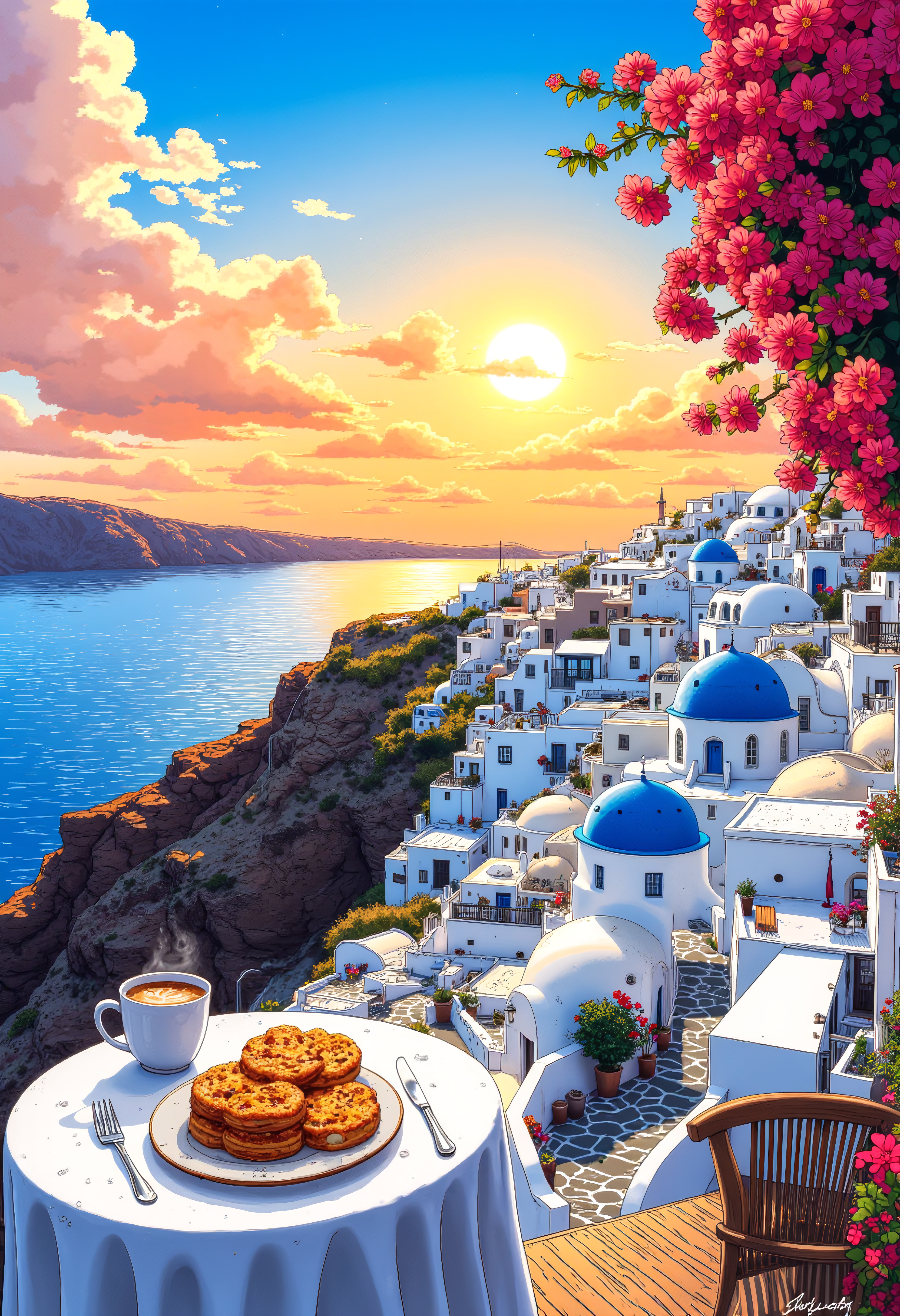 co3y parvdize, This is a vibrant, digitally created illustration depicting a peaceful sunrise over Santorini, Greece, where white-washed houses with blue domes glow softly against the early morning light. A café on a cliffside terrace serves fresh Greek pastries and coffee as the Aegean Sea shimmers in the background.