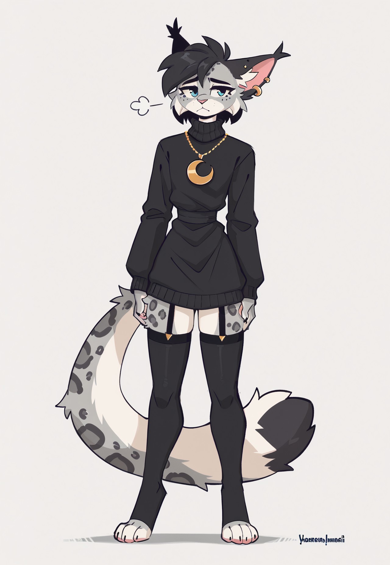 score_9, score_8_up, score_7_up, score_6_up, whygena, solo, slender, khajiit, snow leopard fur, gray face, femboy, pointed ears, lynx ears, black ears, fluffy eartips, long thick tail, short black hair, blue eyes, pink nose, digitigrade legs
BREAK
black outfit, oversized turtleneck sweater, tied at waist, strapped thigh-highs, gold ear piercings, crescent moon pendant,
BREAK
tired, exhausted,