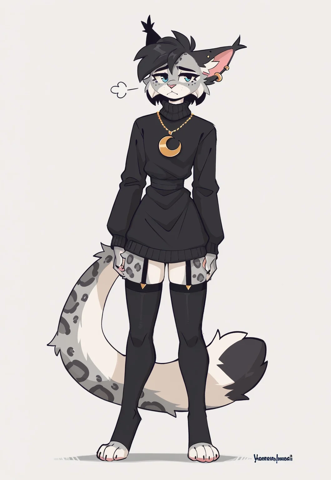 score_9, score_8_up, score_7_up, score_6_up, whygena, solo, slender, khajiit, snow leopard fur, gray face, femboy, pointed ears, lynx ears, black ears, fluffy eartips, long thick tail, short black hair, blue eyes, pink nose, digitigrade legs
BREAK
black outfit, oversized turtleneck sweater, tied at waist, strapped thigh-highs, gold ear piercings, crescent moon pendant,
BREAK
tired, exhausted,