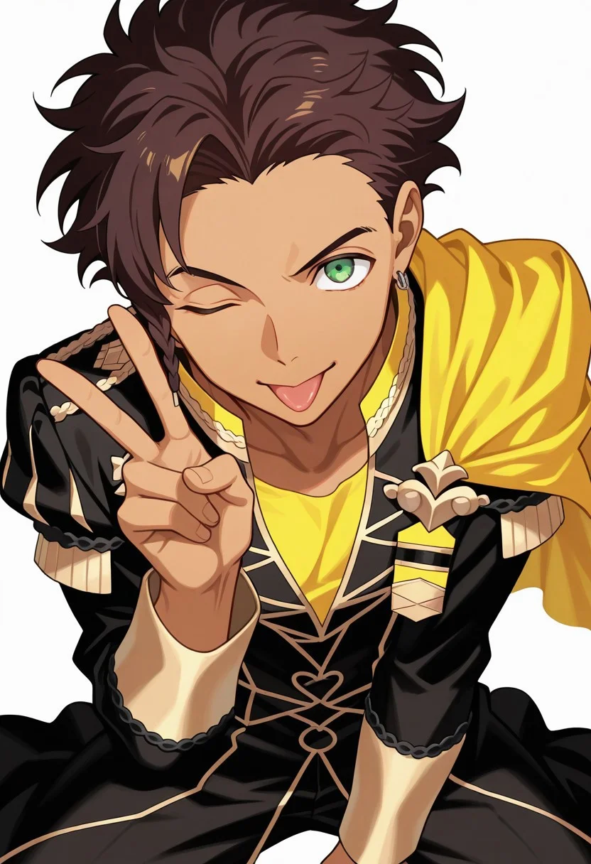 masterpiece,best quality,amazing quality, source_anime,
ClaudeVonRiegan, 1boy, male focus, green eyes, solo, brown hair, tongue, tongue out, one eye closed, jewelry, v, earrings, looking at viewer, white background, simple background, dark-skinned male, side braid, garreg mach monastery uniform, shirt, yellow shirt, coat, black coat, high collar, epaulettes, side cape, yellow cape, pants, black pants