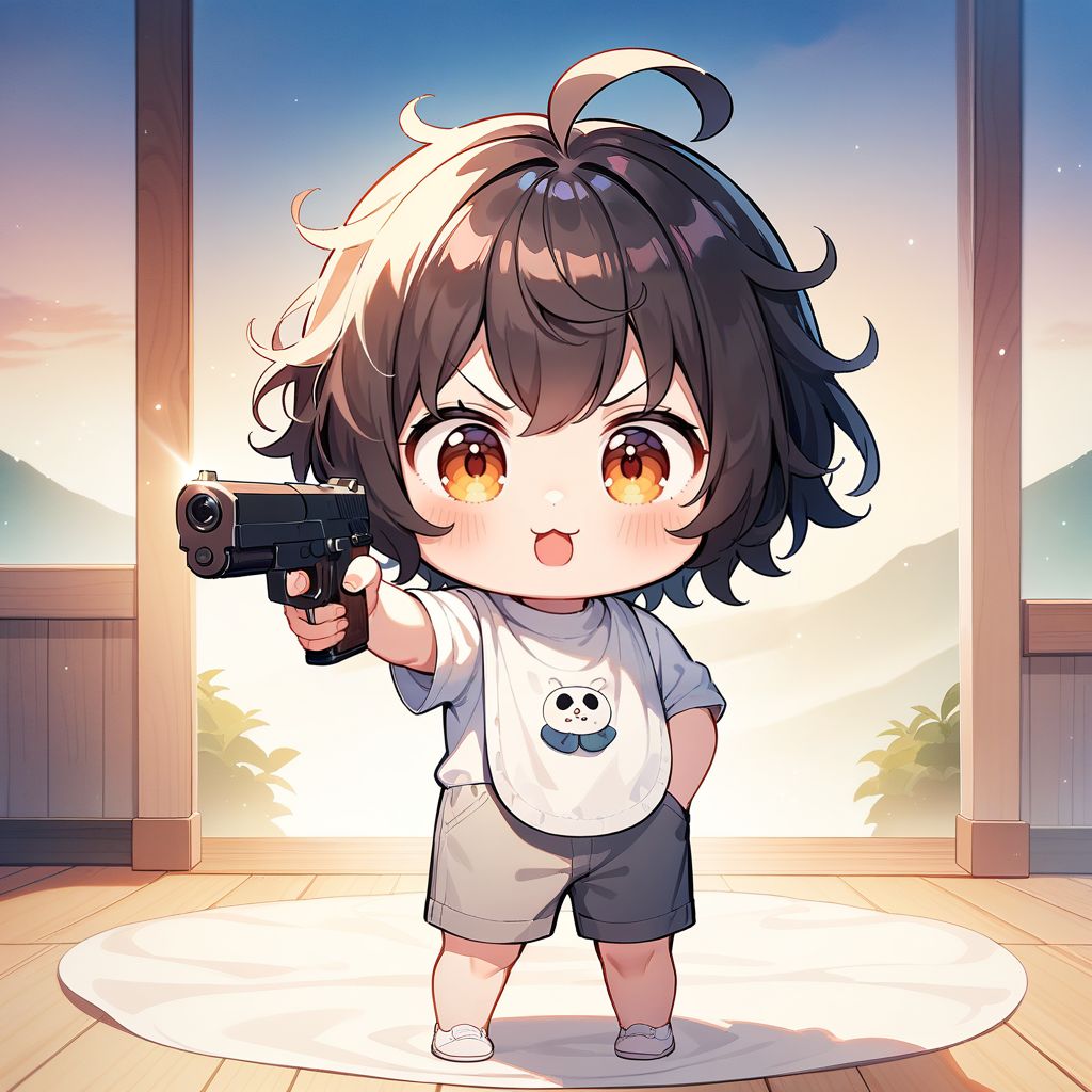 :3,chibi ,toddler child,ahoge,messy hair, 
(bib:1.1)(hooray:1.2)
masterpiece, best quality, great quality, 
very aesthetic,aesthetic,recent,game cg, ,watercolor \(medium\),
<lora:mukakinojisanXL1:0.8>
mukakinojisan,hand in pocket,holding gun, aiming,standing, aiming at viewer,looking afar
v-shaped eyebrows, :o