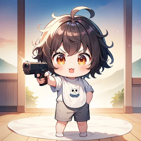 :3,chibi ,toddler child,ahoge,messy hair,
(bib:1.1)(hooray:1.2)
masterpiece, best quality, great quality,
very aesthetic,aesthetic,recent,game cg, ,watercolor \(medium\),
<lora:mukakinojisanXL1:0.8>
mukakinojisan,hand in pocket,holding gun, aiming,standing, aiming at viewer,looking afar
v-shaped eyebrows, :o