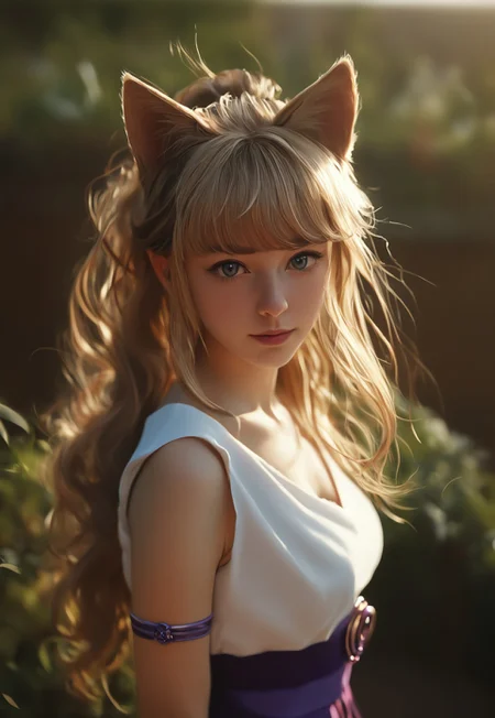 safe_pos, 1girl, solo, 23 yo, beauty face, looking at viewer, long hair, ((light brown hair)), long hair, dynamic pose
best quality, depth of field, bokeh, (((full clothed))), score_9, score_8_up, score_7_up, score_6_up,  1girl, gorgeous girl, cute face ,beautiful eyes, 
((photorealistic quality))
semi-realistic, blonde, long hair, ponytail, side bangs, white crop top, medium breasts, fox ears, fox tail, cat eyes, purple iris, hide ears, lilac pencil skirt, armlets, slit skirt, purple waist sash, white stockings, half body view, outdoors, garden, standing, gr33n, plant, flower,
(((upper body))), dynamic pose
 (8k uhd:1,4)
 <lora:Dynamic Poses:1>
 <lora:detailed_notrigger:1>