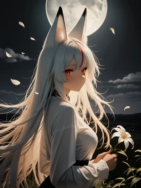 <lora:illustriousXLv01_stabilizer_v1.152:0.7><lora:noobai_ep11_stabilizer_v0.205_fp16:0.4>1girl,fox ears,red eyes,long hair,red hair,white hair,multicolored hair,closed mouth,looking at viewer,upper body,holding flower,from side,falling petals,ambient light,night,black sky,moon,cloud,long sleeves,wind,land,dark,masterpiece,