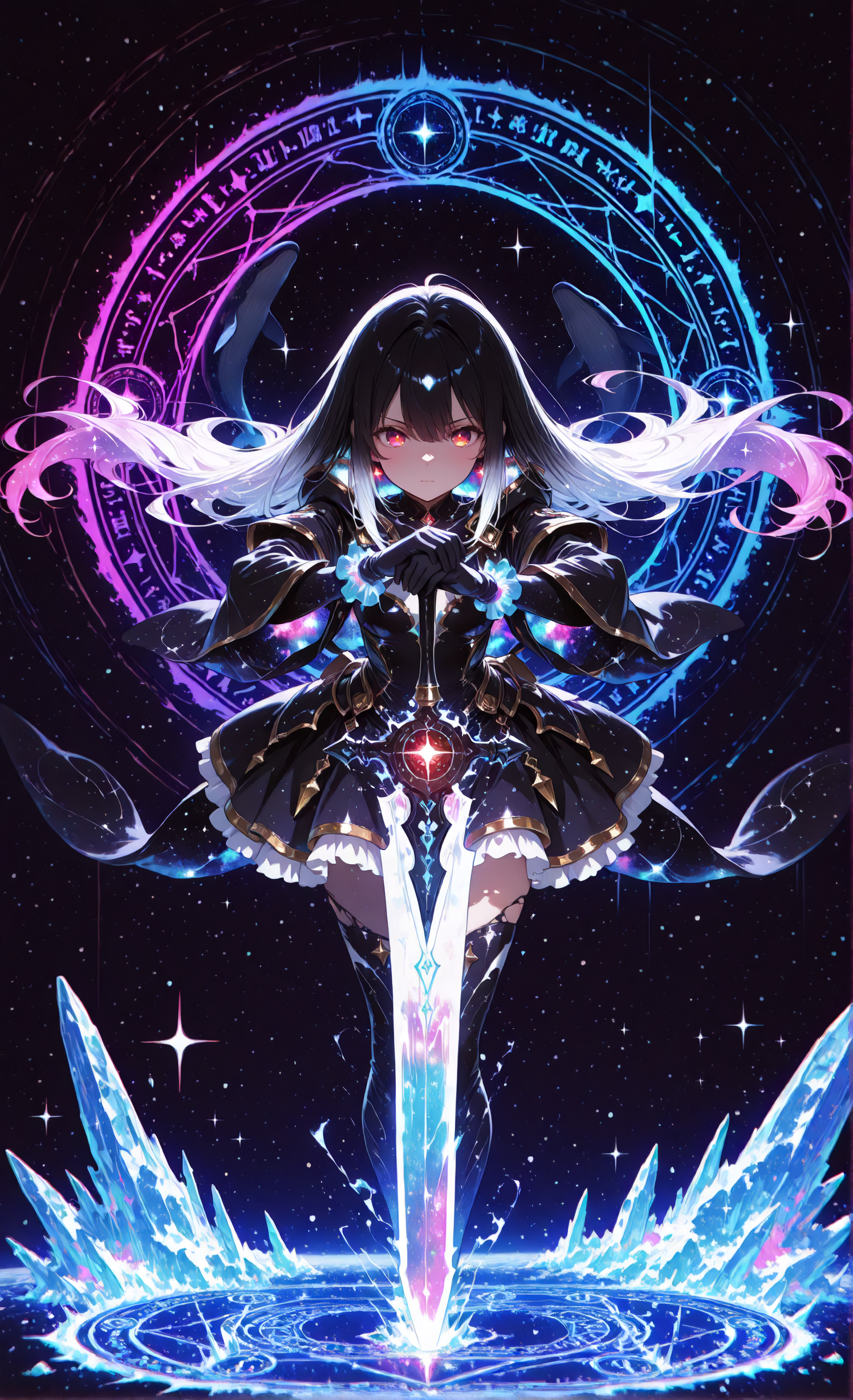 masterpiece, sharp detail, intricate detail, hair shader, 1girl, long hair, gradient hair, two-tone hair, black hair, white hair, detailed hair, floating hair, red eyes, detailed eyes, gradient eyes, magical, ice, solo, full body shot, magical girl, (glowing planted sword), stance, blue Magic Circle, sword up, glowing magic circle, detailed magic circle, chromatic aberration, soft colors, colorful, multicolored background, photo-referenced, scene reference, (neon palette), levitation, flying, BREAK light and shadow contrast, chiaroscuro, volumetric lighting, dappled light, dramatic shadows, cinematic lighting, detailed background, BREAK (whale in space), cosmic whale, space creature, glowing whale, neon lines on whale, <lora:aboba_prime_3:0.7>, <lora:Bright_style:0.6> Bright_illu, sparkle,