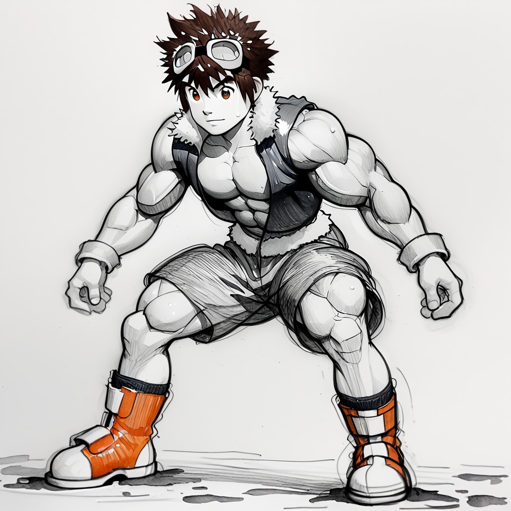 (Pencil_Sketch:1.2, messy lines, greyscale, traditional media, sketch), unfinished, hatching (texture), 1boy, solo, full body, male focus, daisuke, brown eyes, brown hair, short hair, spiked hair, goggles, goggles on head, boots, orange footwear, socks, male focus, muscular arms, muscular legs, muscular kid, muscular pectorals, kid with muscles, muscles, muscular abs, muscular forearms, muscular neck, muscular pecs, muscular shoulders, muscular thighs, ten abdominal muscles, ten abs, ten pack abs, ten-pack abs, ten-pack-abs, sweaty body,