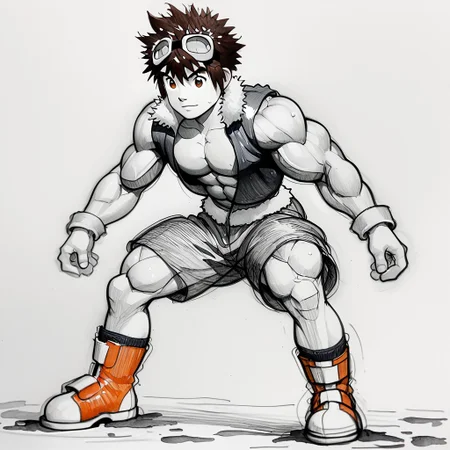 (Pencil_Sketch:1.2, messy lines, greyscale, traditional media, sketch), unfinished, hatching (texture), 1boy, solo, full body, male focus, daisuke, brown eyes, brown hair, short hair, spiked hair, goggles, goggles on head, boots, orange footwear, socks, male focus, muscular arms, muscular legs, muscular kid, muscular pectorals, kid with muscles, muscles, muscular abs, muscular forearms, muscular neck, muscular pecs, muscular shoulders, muscular thighs, ten abdominal muscles, ten abs, ten pack abs, ten-pack abs, ten-pack-abs, sweaty body,